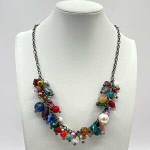Cluster of acrylic beads and faux pearls on a matte silver chain
